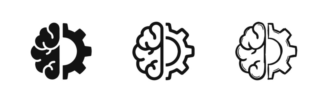 Brain and Gear Integration Icon Set Symbolizing Artificial Intelligence and Logic