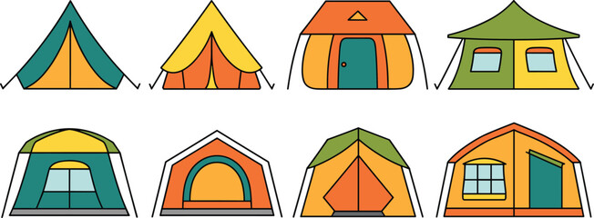 Set of colorful camping tent vector illustrations featuring various outdoor shelter designs for hiking and adventure activities isolated on white. © SAHARA