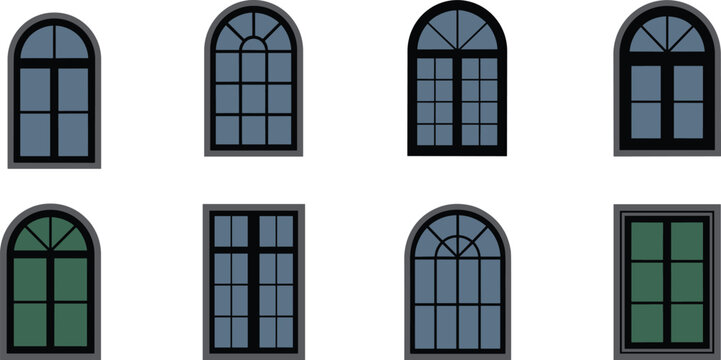 Collection of classic arched and rectangular window vector icons with various frame designs and glass panes isolated on a white background.