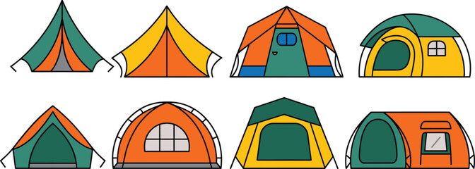 Set of colorful camping tent vector illustrations featuring various outdoor shelter designs for hiking and adventure activities isolated on white. © Sonaton