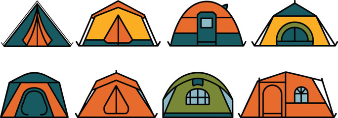 Set of colorful camping tent vector illustrations featuring various outdoor shelter designs for hiking and adventure activities isolated on white. © SAHARA