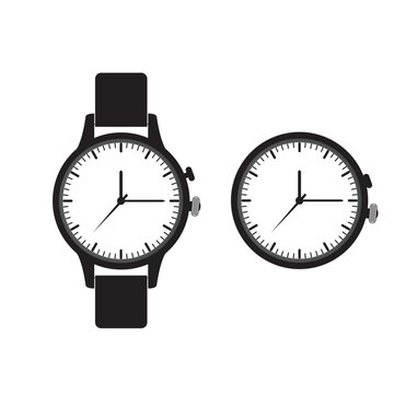 Black wrist watch and round clock face icon set Vector