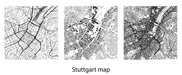 Stuttgart Germany city map vector illustration with detailed street network, building footprints, and urban topography in black and white minimalist style. © Jabeda