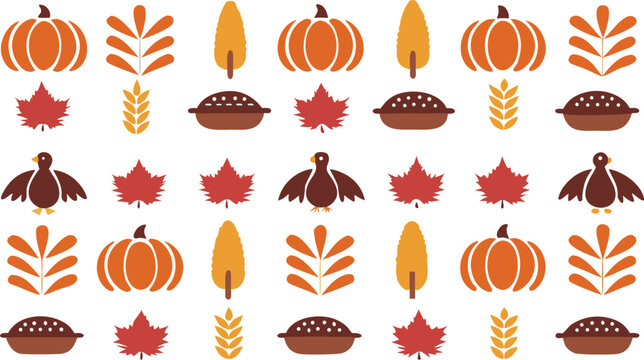 Seamless autumn pattern with pumpkins, turkeys, leaves, and pies