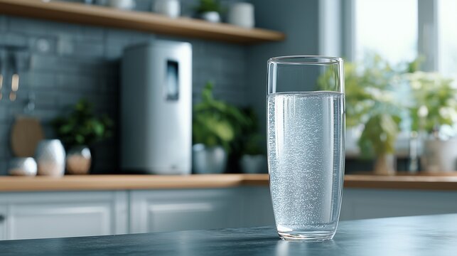 Clear glass of filtered tap water on kitchen counter with faucet and whole house water filtration concept, representing safe drinking water and home water purification.