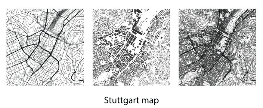 Stuttgart Germany city map vector illustration with detailed street network, building footprints, and urban topography in black and white minimalist style.