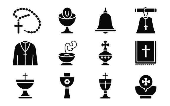 Religious symbols and icons including rosary cross chalice and bible in clean vector style for spiritual themes