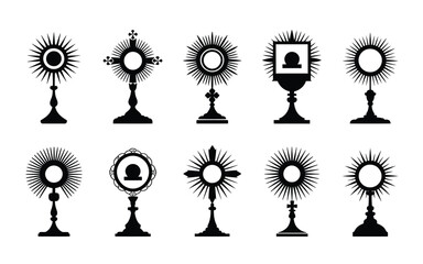 Monstrance icons in minimalist black silhouettes featuring intricate sunburst designs and ornate details on stands isolated on white background © Pronab