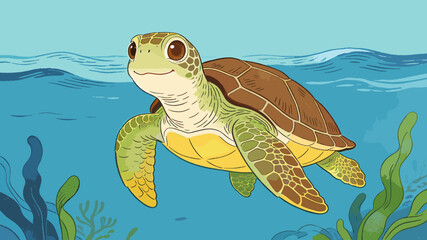 A charming illustration of a green sea turtle swimming gracefully in clear blue ocean water, surrounded by seaweed and gentle waves. © tyui
