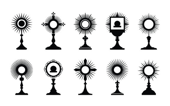 Monstrance icons in minimalist black silhouettes featuring intricate sunburst designs and ornate details on stands isolated on white background