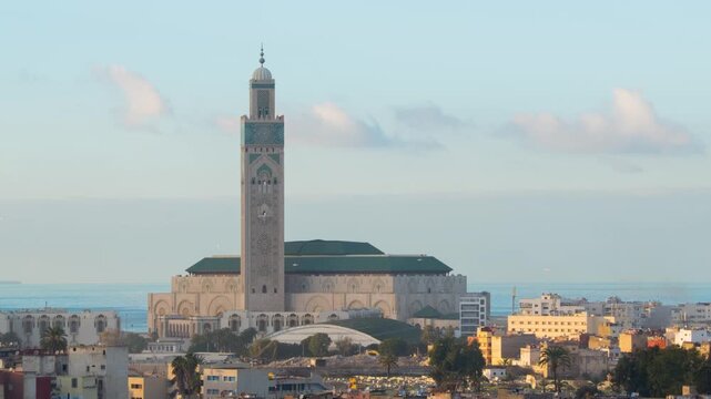 Casablanca, Morocco. Aerial view of Hassan II Mosque in Casablanca, Morocco. Time-lapse from evening to night