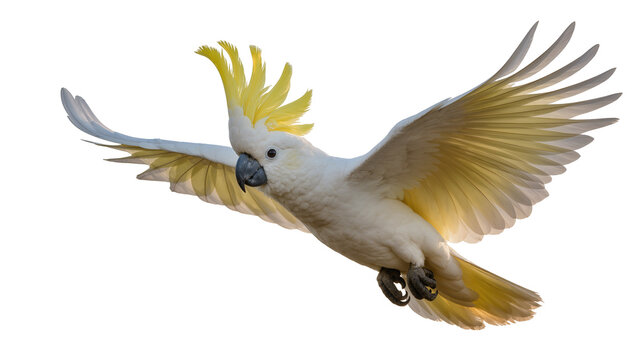 Yellow crested Sulphur Cockatoo Flying with Extended Wings