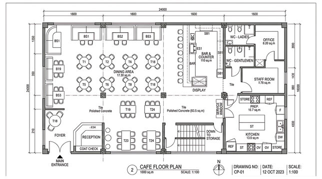 Cafe floor plan with dining area, counter, kitchen, staff room, and main entrance, 1000 sq.m.