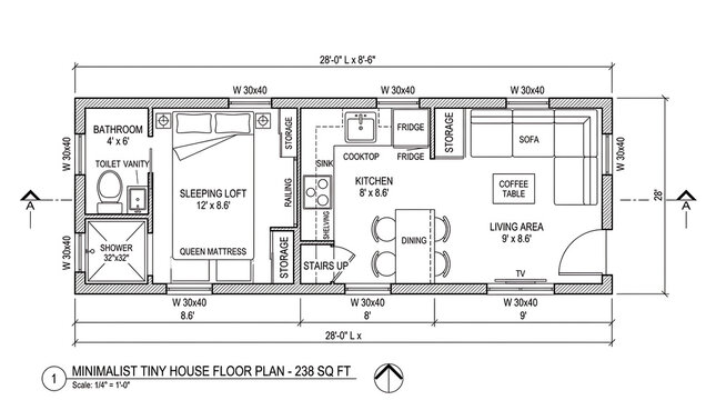 Minimalist tiny house floor plan with sleeping loft kitchen living area bathroom layout on white background.