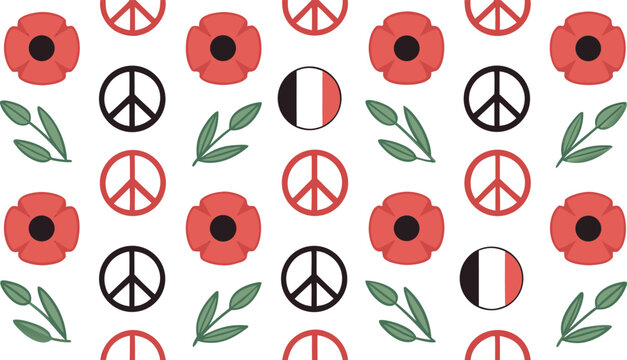 Seamless pattern with peace signs, poppies, and leaves on beige background