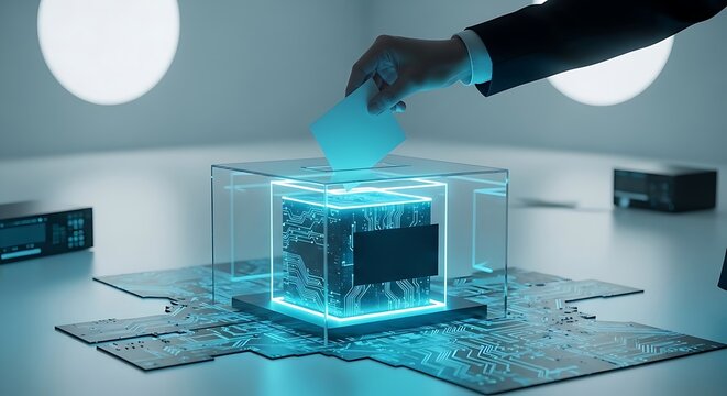 Digital ballot box containing a glowing processor receives a vote from a hand in a suit with sharp focus and cinematic lighting. Ideal for electronic government and tech marketing.