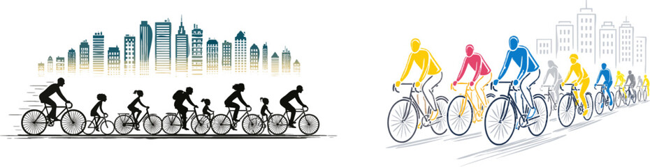 Fototapeta premium A group of cyclists in vibrant primary colors rides along a path with simple urban buildings in the distance, creating a flat 2D design with minimalist geometric shapes and solid colors