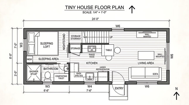 Tiny house floor plan with sleeping loft kitchen living area bathroom layout on white background.