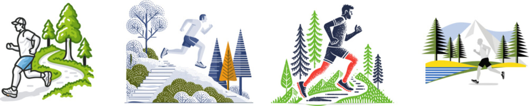 A runner in athletic gear moves swiftly along a winding mountain trail, framed by simple geometric trees against an earthy forest backdrop