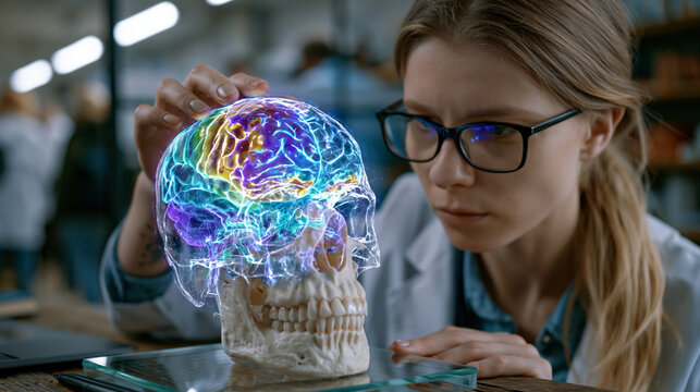 Neuroscientist overlays translucent brain-mapping hologram onto skull model, color-gradient regions marking neural activity zones, busy hospital corridor visible through glass partition behind, perf