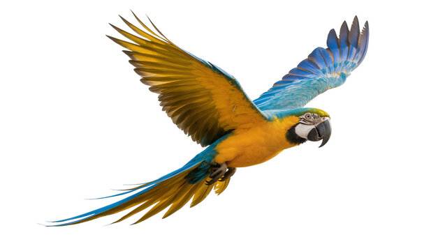 Blue yellow macaw parrot flying with spread wings