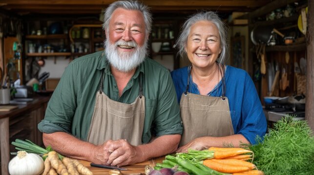Cheerful senior couple preparing fresh vegetables in a rustic kitchen