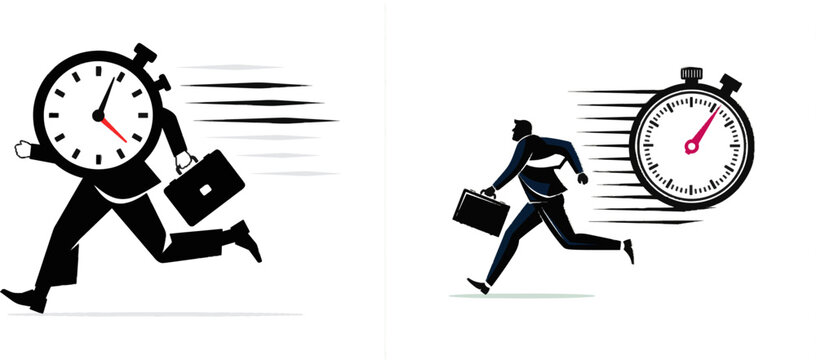 A business figure, embodying the essence of time management, dashes forward with urgency lines, clutching a briefcase as he races against the ticking clock in this minimalist, high-resolution