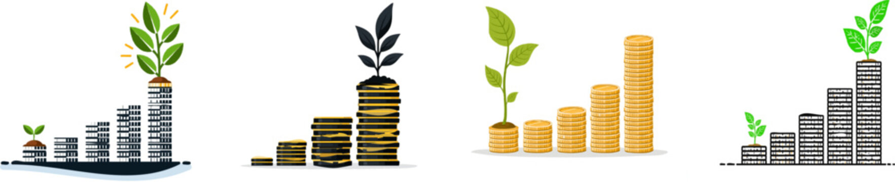 A small green plant grows out of a stack of coins, symbolizing the power of compound interest in financial growth