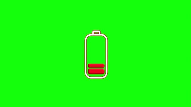Red low battery warning symbol with exclamation mark on a green screen background.