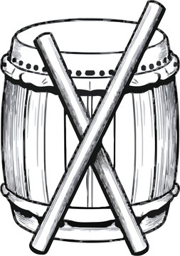 A traditional wooden taiko drum with heavy studded leather drumheads and thick striking sticks is depicted in a monochrome line art style, showcasing intricate cross-hatching and stippling for rich
