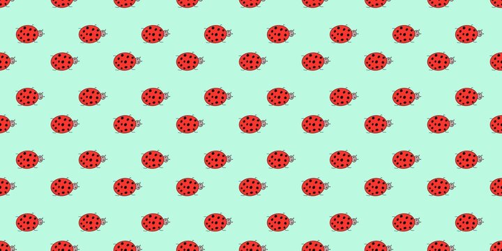 Seamless ladybug pattern on a refreshing mint green background. Great for garden-themed designs, eco-friendly branding, and vibrant children's wrapping paper.