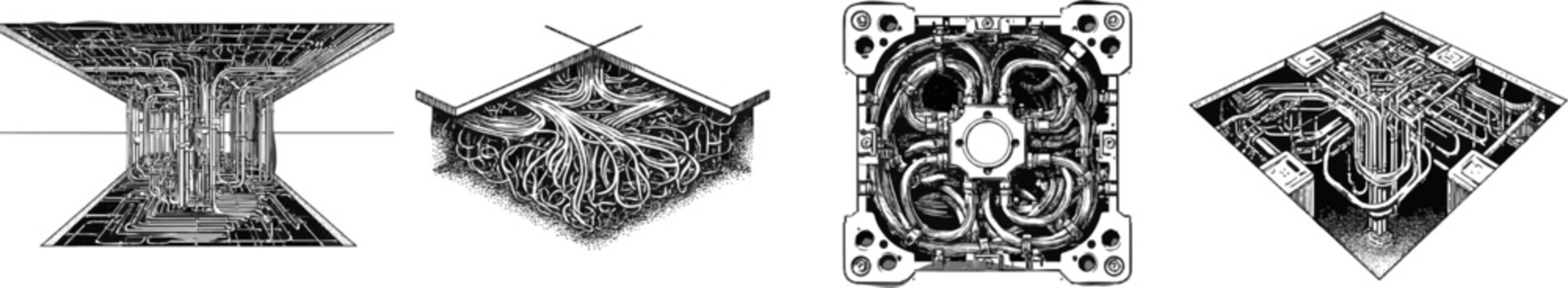 The intricate sub-floor wiring network in this vintage monochrome line art depiction of a high-tech server room showcases an elaborate black and white engraving style with precise fine lines and