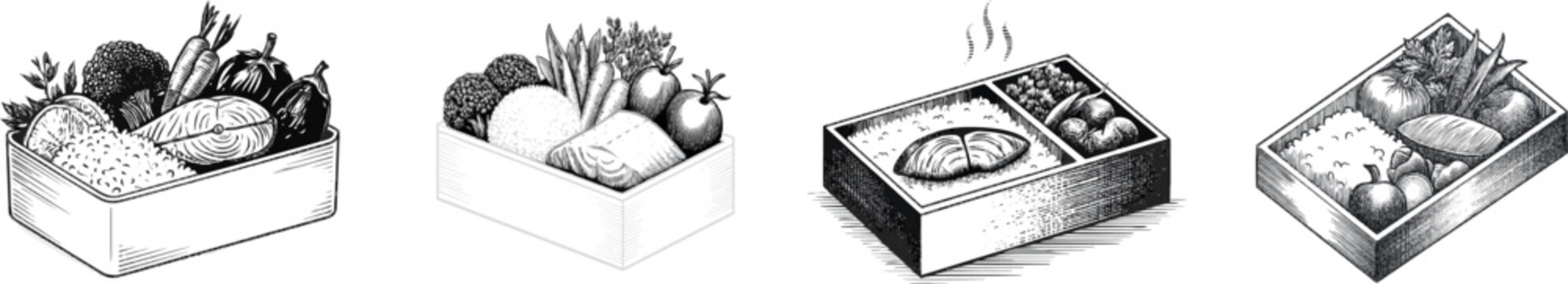 A meticulously detailed bento box features an array of fresh vegetables and grilled salmon, all rendered in exquisite black and white line art with intricate cross-hatching for a rich texture against