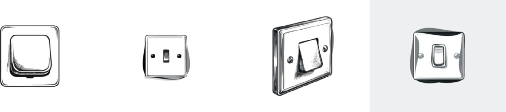 A vintage monochrome light switch with intricate cross-hatching and stippling stands alone on a plain wall in an honest domestic setting