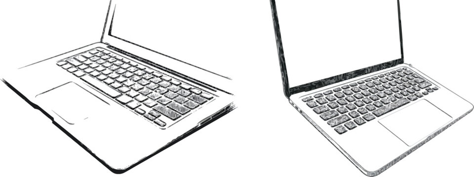 A close-up of an unbranded laptop keyboard shows realistic crumbs between keys in a vintage monochrome line art style with intricate cross-hatching and stippling for texture on a pure white background