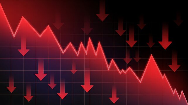 Red stock market crash graph, declining financial chart, falling economy trend, downward arrow indicators
