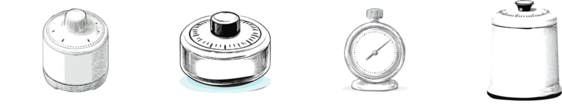 A vintage kitchen timer with intricate black-and-white engraving sits on a plain countertop, exuding an old-world charm in its precise fine lines and detailed cross-hatching