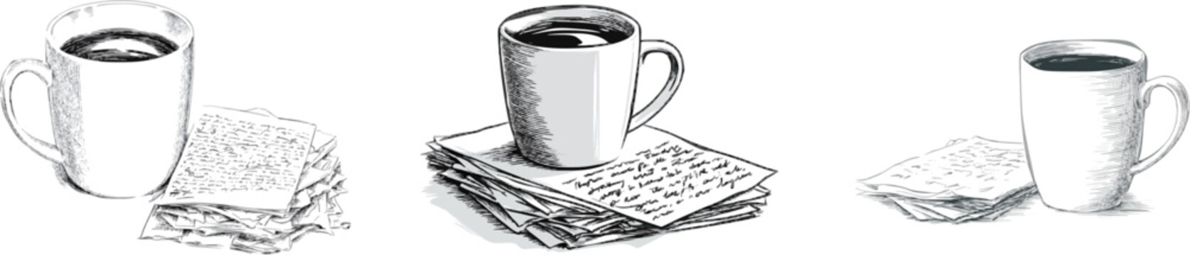 A close-up of an unbranded mug filled with water sits next to a pile of messy handwritten notes on a desk, capturing the essence of a quiet, contemplative moment in a vintage monochrome line art style