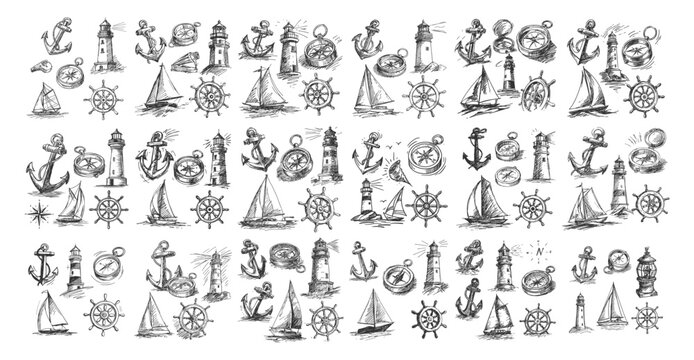 Nautical Adventure Sketch Pattern with Anchors Lighthouses Sailing Boats Compasses and Ship Steering Wheels