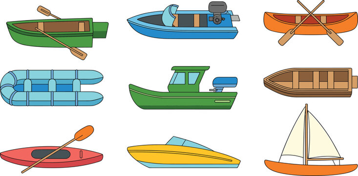 Large collection of colorful watercraft vector illustrations including a sailboat canoe kayak motorboat inflatable raft and wooden rowboat isolated on white background.