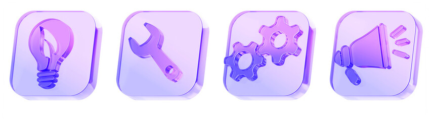 Obraz premium 3d glass hologram square button icon set - light bulb with leaf, wrench, gears, megaphone. Electric car service, ev repair, maintenance, support, diagnostic tool for green businesses