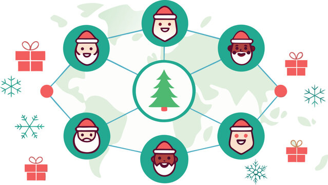 Of santa clauses around the connected to a christmas tree