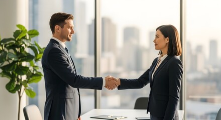 Fototapeta premium Two confident business professionals in tailored suits shake hands in a bright corner office with city skyline views, symbolizing a successful partnership, mutual trust and the beginning of a promisin