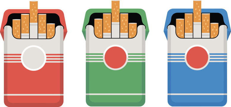 Set of colorful cigarette packs in red green and blue featuring open boxes with realistic tobacco sticks isolated on a white background.