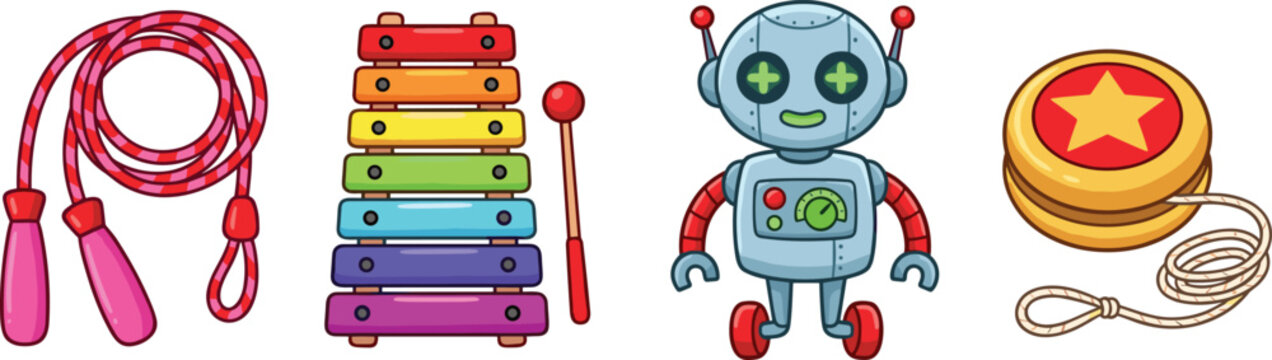 Colorful kids toys vector set with jump rope xylophone robot yo yo and playful educational objects illustration