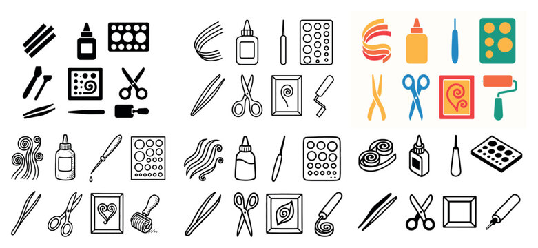 Craft icons with scissors brush glue colorful