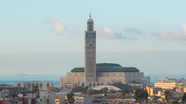 Casablanca, Morocco. Aerial view of Hassan II Mosque in Casablanca, Morocco. Time-lapse from evening to night
