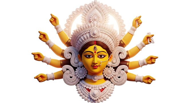 Goddess durga with multiple arms, golden yellow face, ornate white crown, and red bindi, isolated on