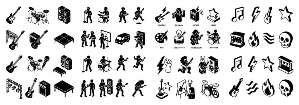 Music icons with guitar drums amp bold