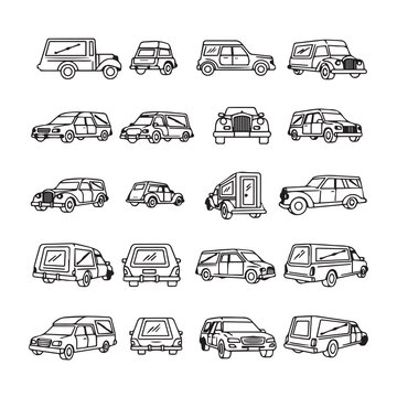 Collection of diverse funeral vehicles in a clean line drawing style on white
